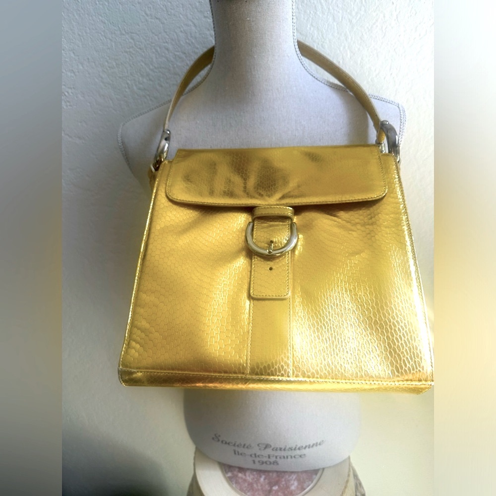 Mariella  Burani gold purse faux buckle front snap closure